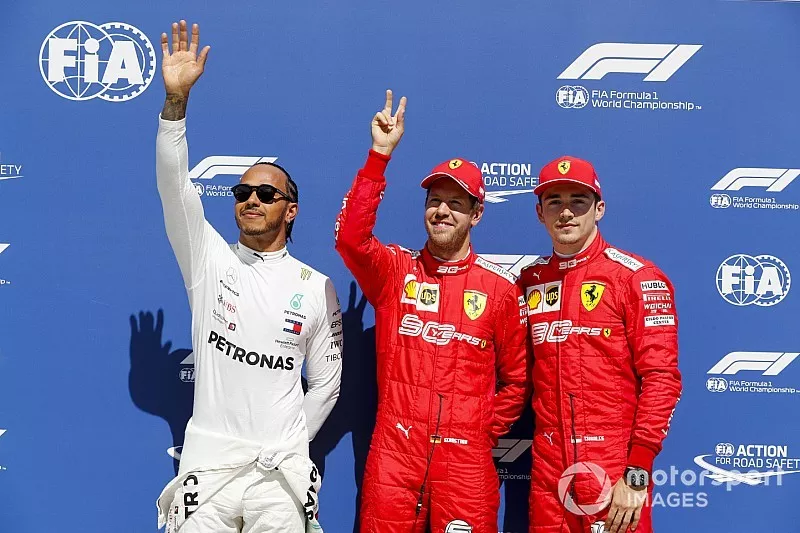 Lewis Hamilton, Mercedes AMG F1, le poleman Sebastian Vettel, Ferrari et Charles Leclerc, Ferrari 