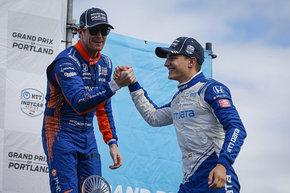 Alex Palou, Chip Ganassi Racing Honda celebra la victoria en el Gran Premio de Portland, Scott Dixon, Chip Ganassi Racing Honda