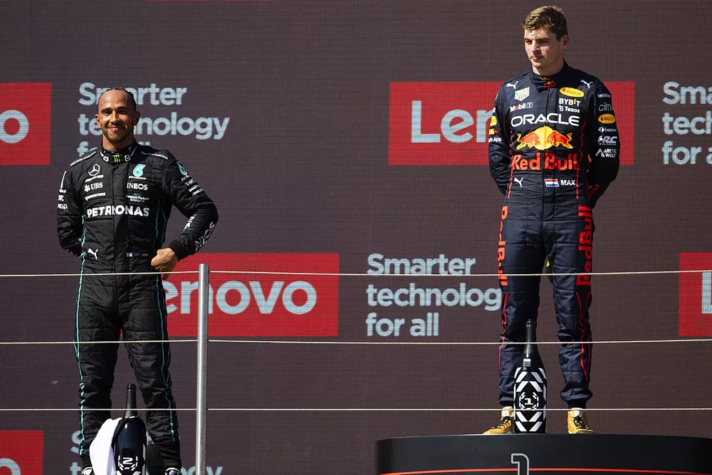 Lewis Hamilton, Mercedes-AMG, 2nd position, Max Verstappen, Red Bull Racing, 1st position, on the podium