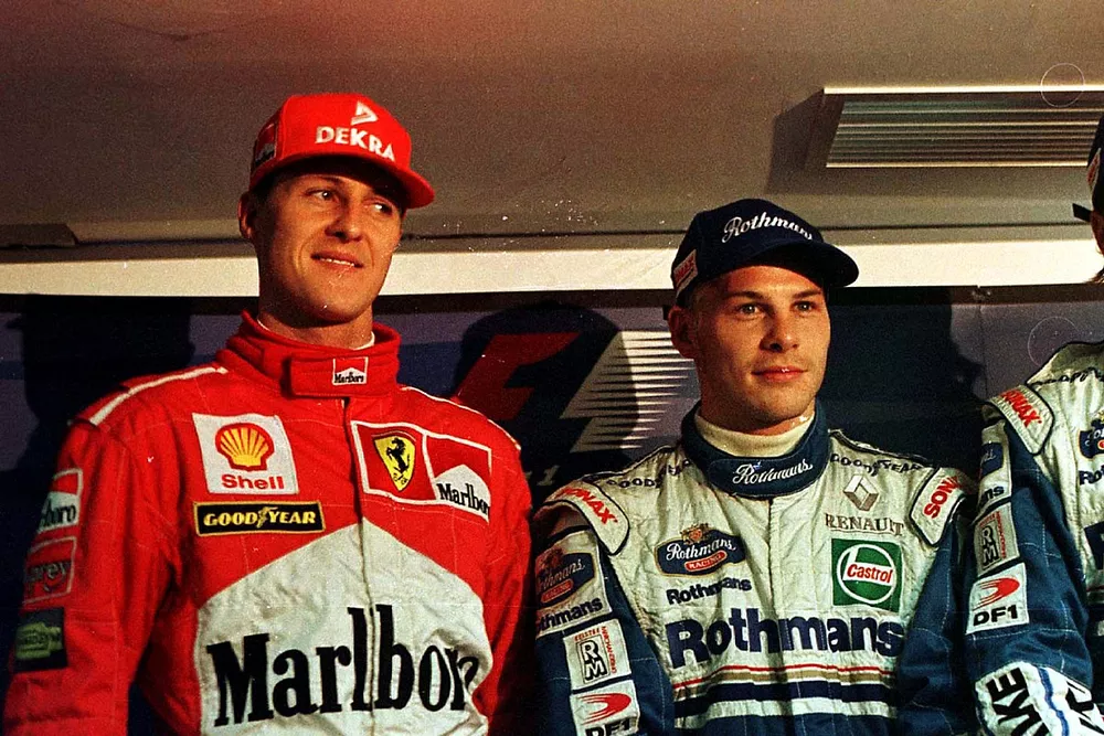 Jacques Villeneuve, Williams, Michael Schumacher, Ferrari, Heinz-Harald Frentzen, Williams all get exactly the same time
