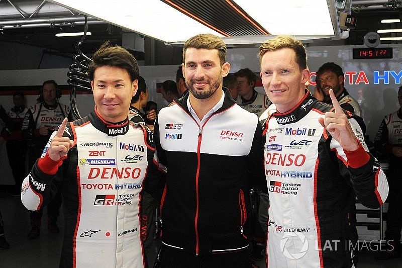 Pole sitters Mike Conway, Kamui Kobayashi, Jose Maria Lopez, Toyota Gazoo Racing