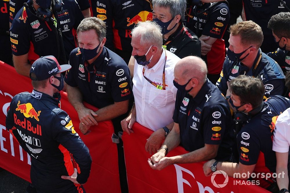 Race winner Max Verstappen, Red Bull Racing, talks with Christian Horner, Team Principal, Red Bull Racing, Helmut Marko, Consultant, Red Bull Racing, and Adrian Newey, Chief Technical Officer, Red Bull Racing, in Parc Ferme