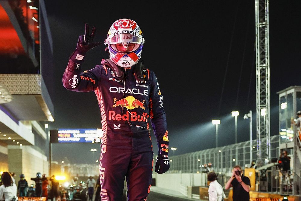 Max Verstappen, Red Bull Racing, 2nd position and 2023 drivers world champion, celebrates on arrival in Parc Ferme after the Sprint race