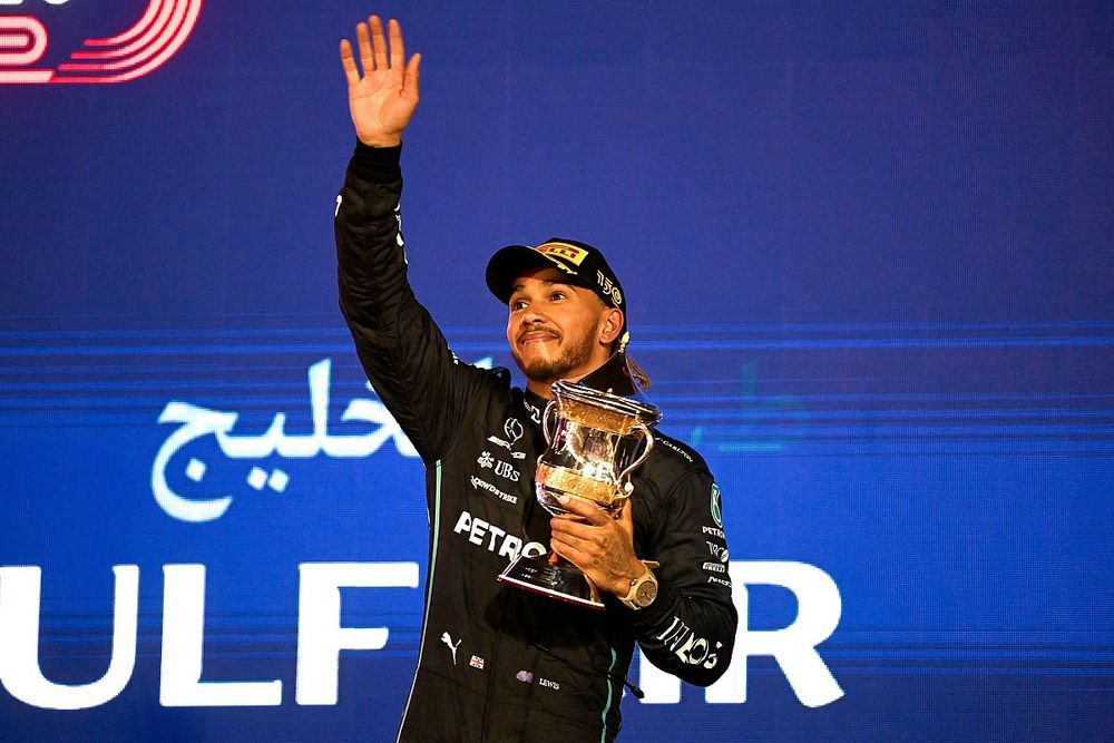 Lewis Hamilton, Mercedes-AMG, 3rd position, with his trophy