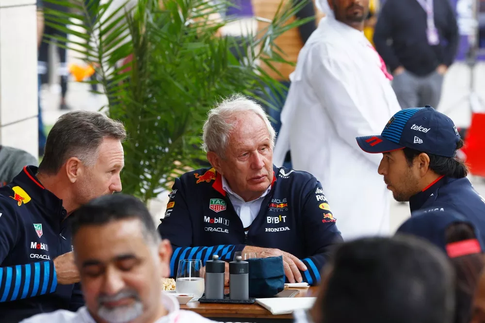 Christian Horner, Team Principal, Red Bull Racing, Helmut Marko, Consultant, Red Bull Racing, Sergio Perez, Red Bull Racing