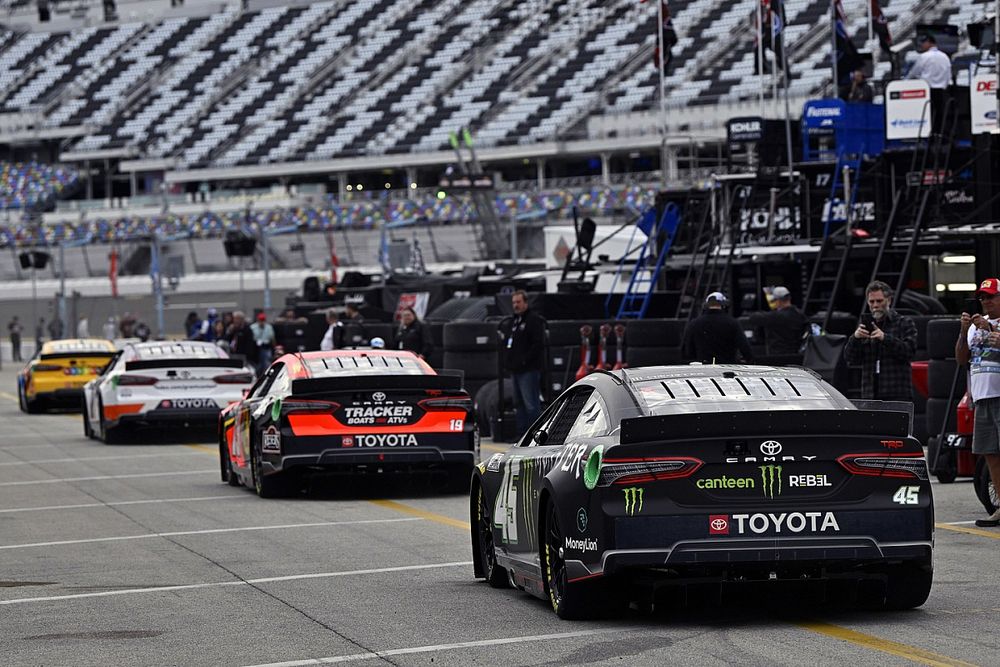 Kyle Busch, Joe Gibbs Racing, Toyota Camry M&M's, Denny Hamlin, Joe Gibbs Racing, Toyota Camry FedEx Express,  Martin Truex Jr., Joe Gibbs Racing, Toyota Camry Bass Pro Shops and Kurt Busch, 23XI Racing, Toyota Camry Monster Energy