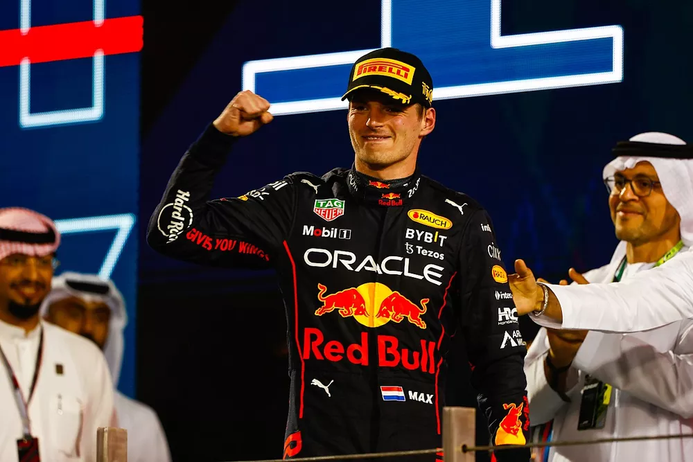 Max Verstappen, Red Bull Racing, 1st position, arrives on the podium