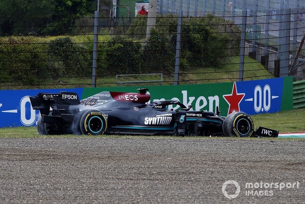 Lewis Hamilton, Mercedes W12, rejoins after an off