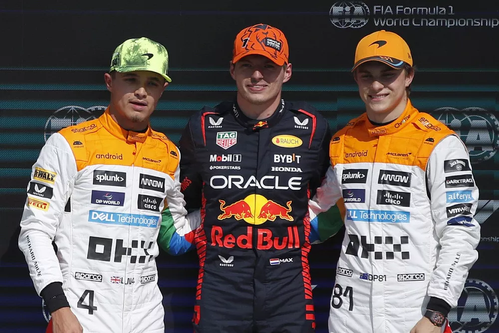Top three qualifiers Lando Norris, McLaren, pole man Max Verstappen, Red Bull Racing, Oscar Piastri, McLaren