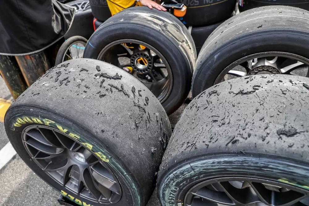 Corded Goodyear tires after several laps