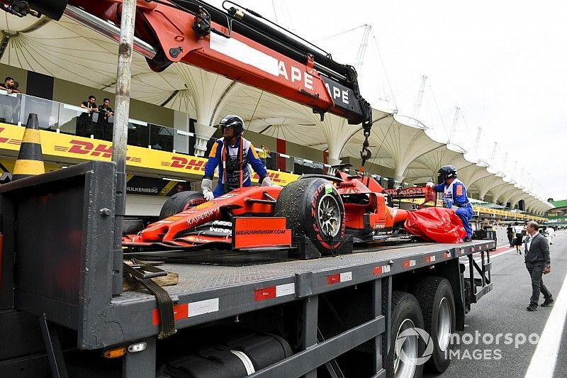 Damaged car of Sebastian Vettel, Ferrari SF90