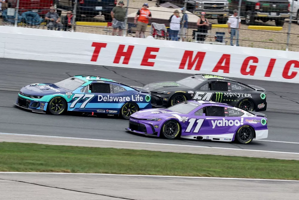 Carson Hocevar, No. 77 Spire Motorsports Chevrolet; Denny Hamlin, No. 11 Joe Gibbs Racing Toyota; Ty Gibbs, No. 54 Joe Gibbs Racing Toyota