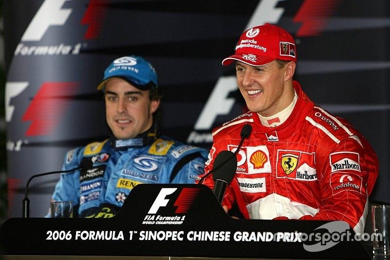 Press conference: race winner Michael Schumacher with Fernando Alonso