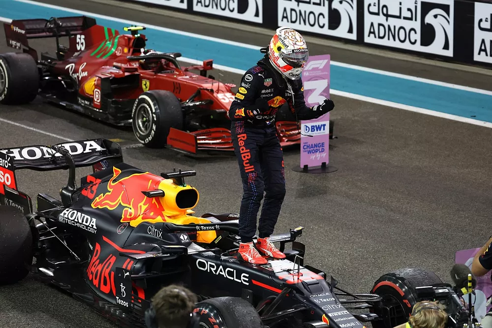 Max Verstappen, Red Bull Racing, 1st position, celebrates on arrival in Parc Ferme