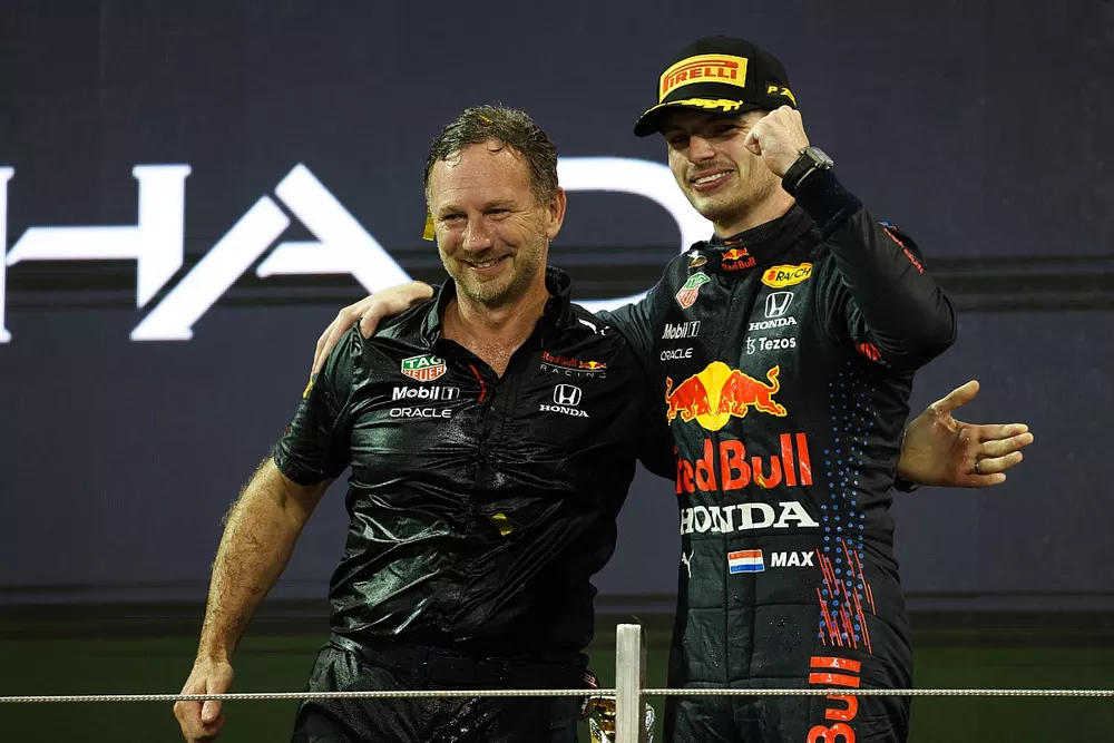 Christian Horner, Team Principal, Red Bull Racing, Max Verstappen, Red Bull Racing, 1e plaats, podium vieren