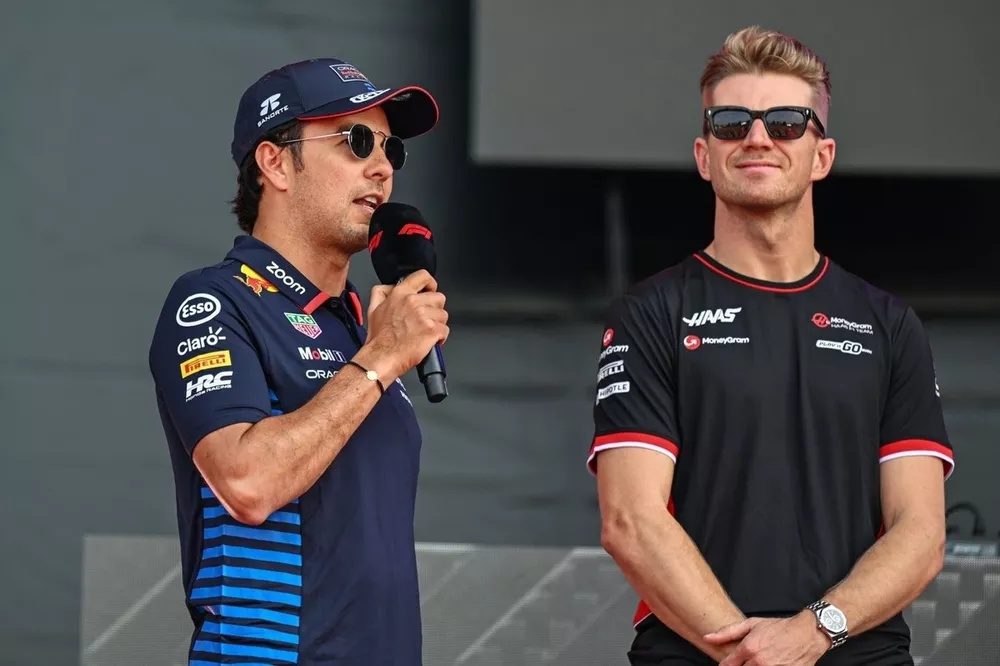 Sergio Perez, Red Bull Racing, Nico Hulkenberg, Haas F1 Team, on stage