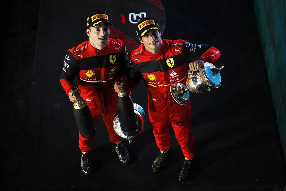 Charles Leclerc, Ferrari, 1st position, Carlos Sainz Jr., Ferrari, 2nd position, with their trophies