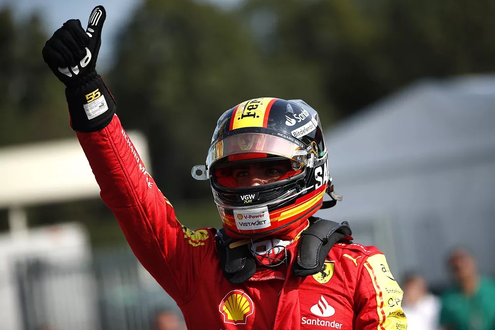 Pole man Carlos Sainz, Scuderia Ferrari, celebrates in Parc Ferme