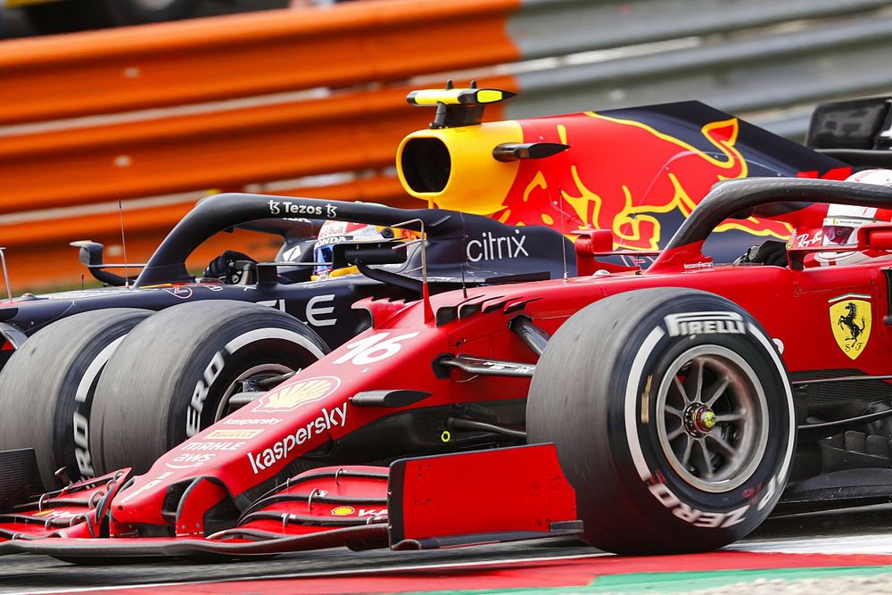 Sergio Perez, Red Bull Racing RB16B , battles with Charles Leclerc, Ferrari SF21