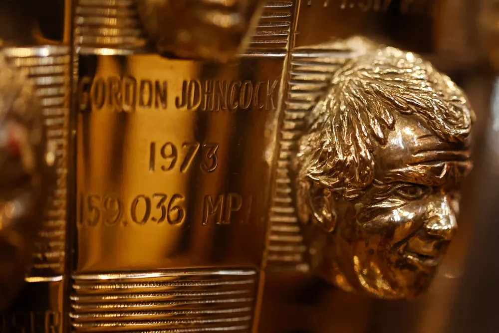 Gordon Johncock on the Borg-Warner trophy