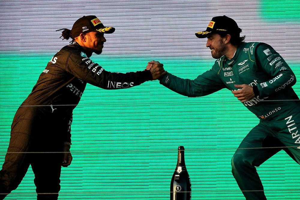 Lewis Hamilton, Mercedes-AMG, 2nd position, Fernando Alonso, Aston Martin F1 Team, 3rd position, congratulate each other on the podium