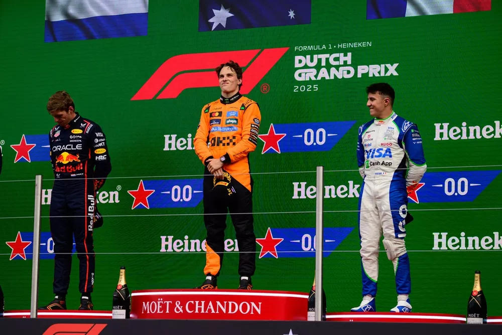 Podium: Race winner Lando Norris, McLaren, second place  Max Verstappen, Red Bull Racing, third place Isack Hadjar, Racing Bulls