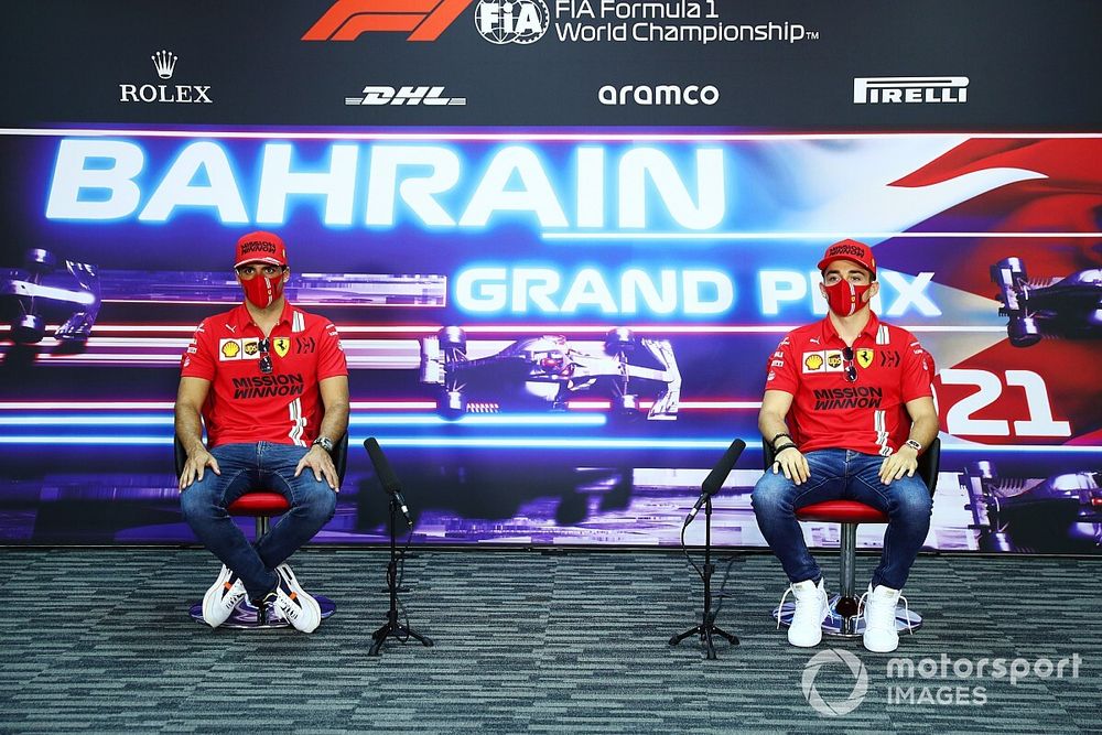 Carlos Sainz Jr., Ferrari, and Charles Leclerc, Ferrari, in the press conference