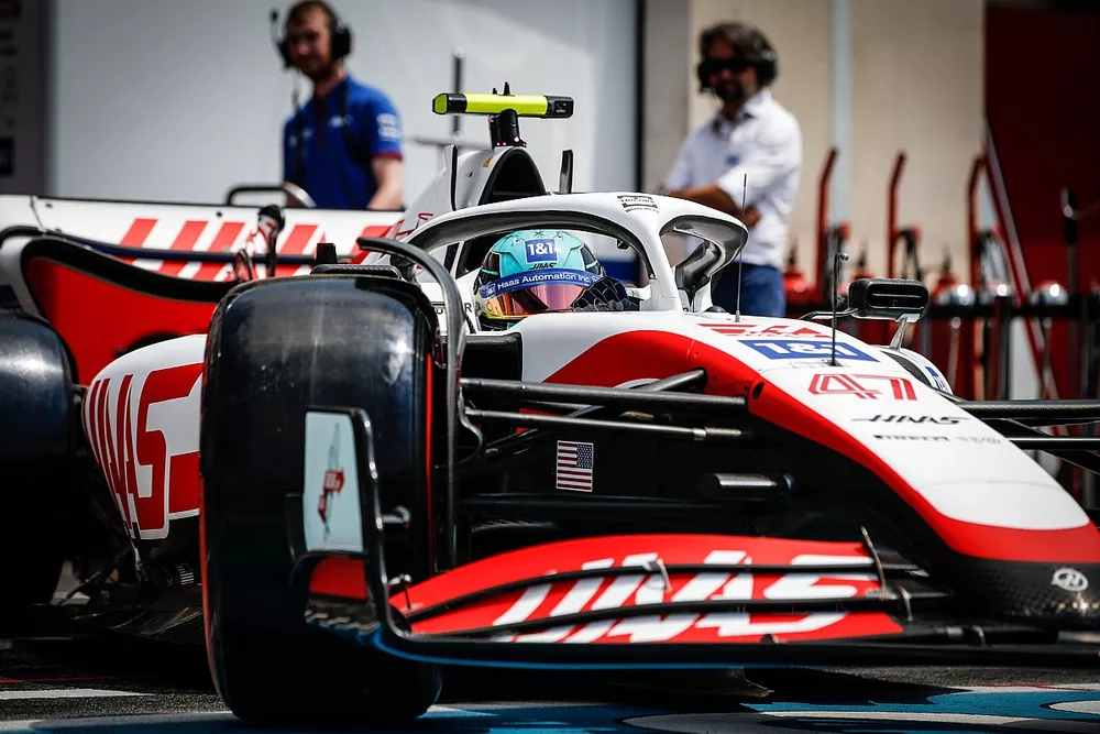 Mick Schumacher, Haas VF-22, leaves the garage