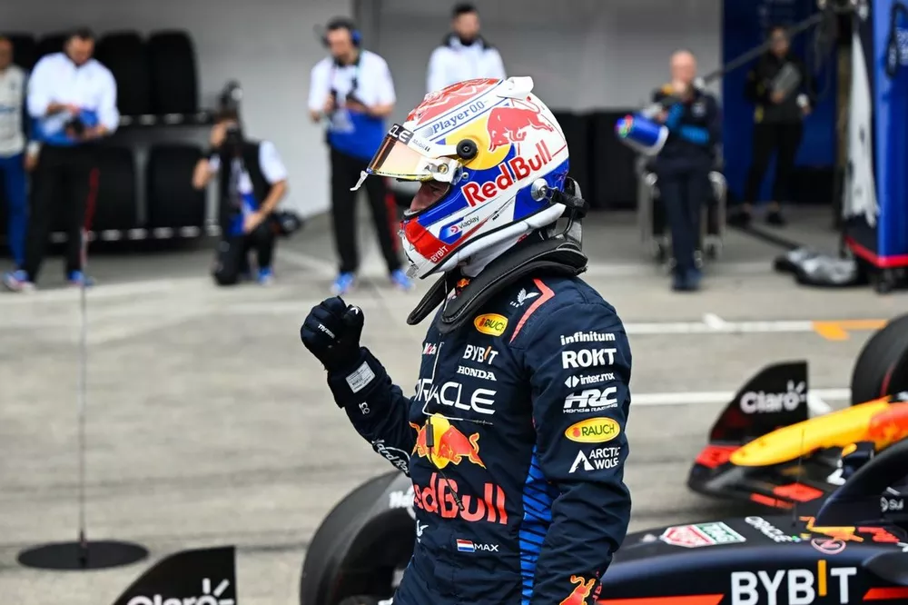 Max Verstappen, Red Bull Racing, celebrates in Parc Ferme after securing pole position