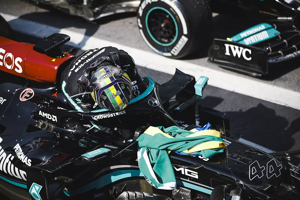 Lewis Hamilton, Mercedes, 1st position, celebrates on arrival in Parc Ferme