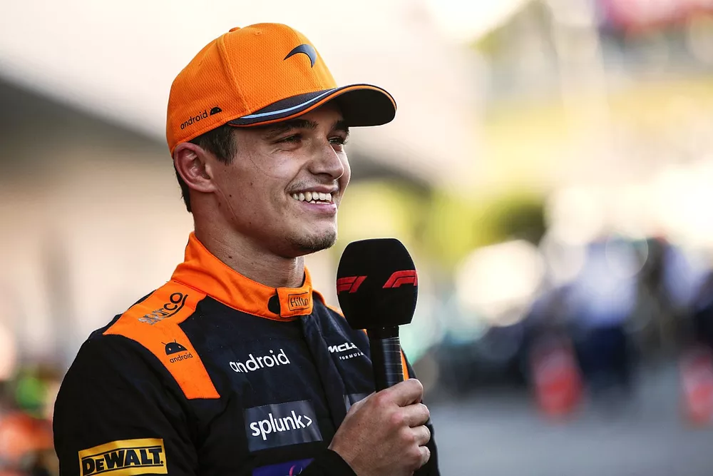 Lando Norris, McLaren, 2nd position, is interviewed in Parc Ferme