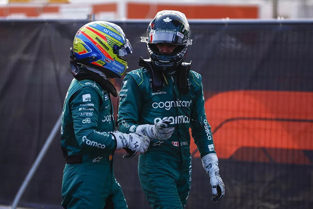 Fernando Alonso, Aston Martin F1 Team, Lance Stroll, Aston Martin F1 Team, dans le parc ferm&eacute;