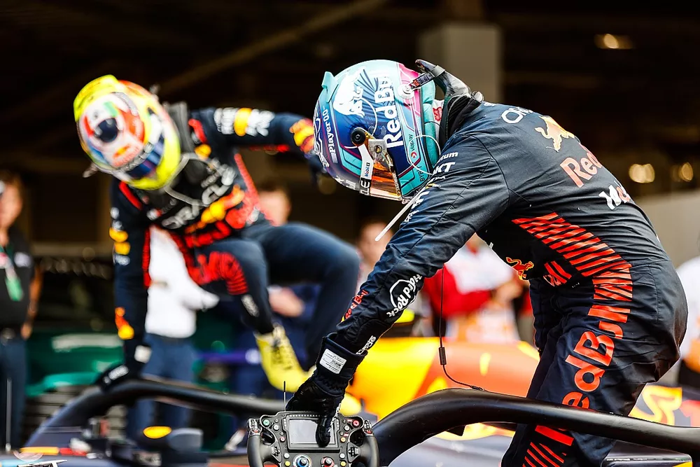 Max Verstappen, Red Bull Racing, 1st position, and Sergio Perez, Red Bull Racing, 2nd position, arrive in Parc Ferme