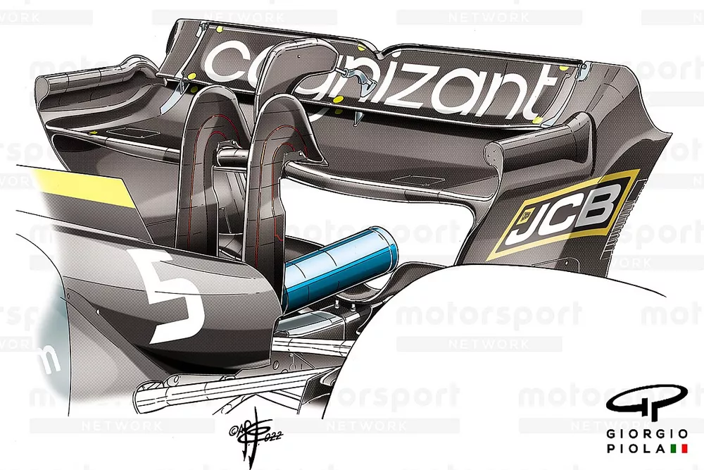 Detalle del alerón trasero del Aston Martin AMR22