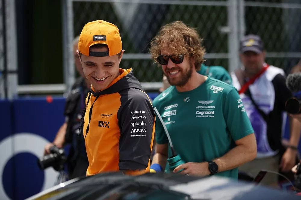 Lando Norris, McLaren, Sebastian Vettel, Aston Martin 