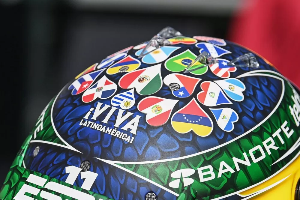 Special helmet of Sergio Perez, Red Bull Racing, showcasing the flags of Latin America