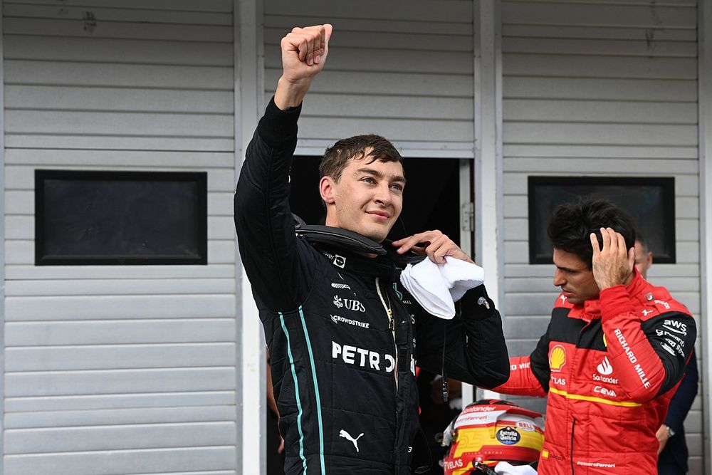 Pole man George Russell, Mercedes-AMG, celebrates on arrival in Parc Ferme