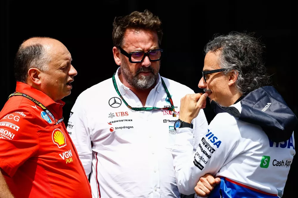 Frederic Vasseur, Team Principal and General Manager, Scuderia Ferrari, Gwen Lagrue, Mercedes Driver Development Advisor, Laurent Mekies, Team Principal, RB F1 Team
