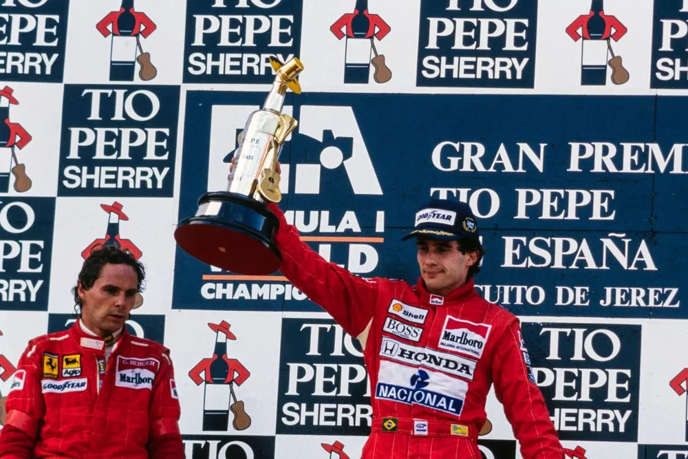 Ayrton Senna, Gerhard Berger y Alain Prost en el podio
