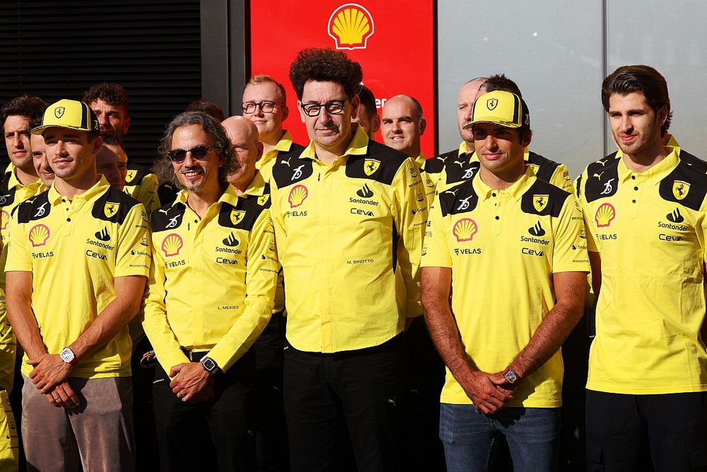 Charles Leclerc, Ferrari, stands with Laurent Mekies, Racing Director, Ferrari, Mattia Binotto, Team Principal, Ferrari, Carlos Sainz, Ferrari, Antonio Giovinazzi, Reserve Driver, Ferrari