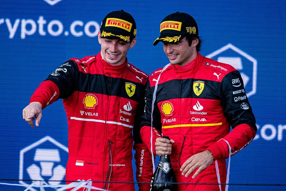 Podium: second place Charles Leclerc, Ferrari, third place Carlos Sainz, Ferrari