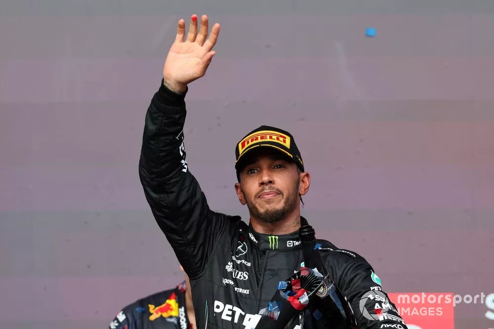Lewis Hamilton, Mercedes-AMG, 2nd position, celebrates on the podium