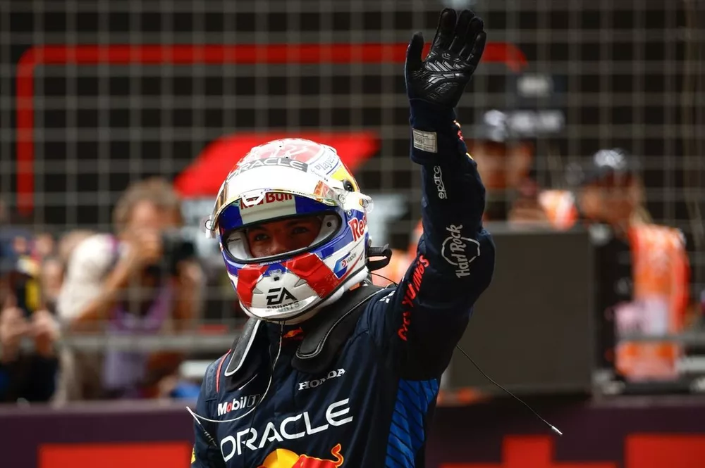 Max Verstappen, Red Bull Racing, 1st position, celebrates in Parc Ferme after the Sprint