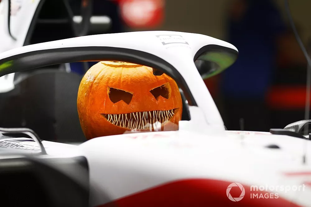 A pumpkin sits inside the Haas VF-22