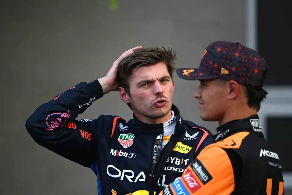 Max Verstappen, Red Bull Racing, and Lando Norris, McLaren F1 Team, in Parc Ferme after Qualifying
