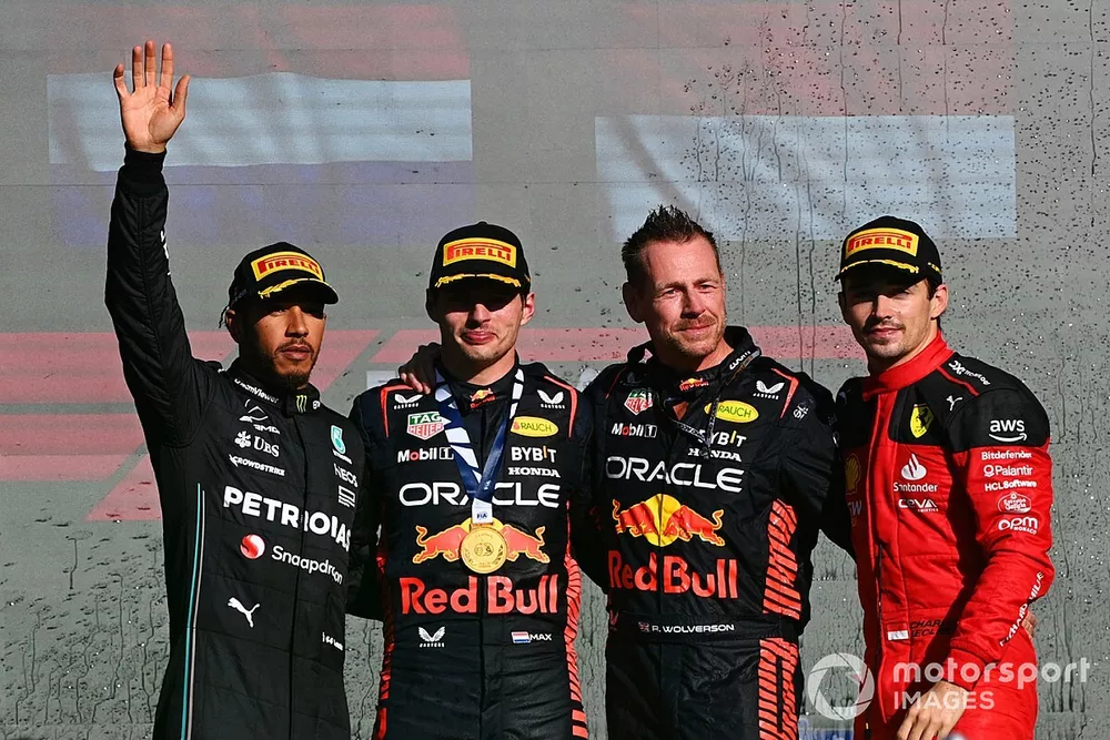 Lewis Hamilton, Mercedes-AMG, 2nd position, Max Verstappen, Red Bull Racing, 1st position, Richard Wolverson, Red Bull Racing, Charles Leclerc, Scuderia Ferrari, 3rd position, on the podium