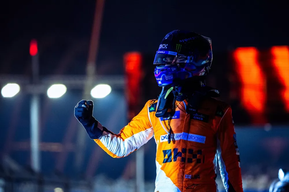 Lando Norris, McLaren F1 Team, 1st position, celebrates in Parc Ferme