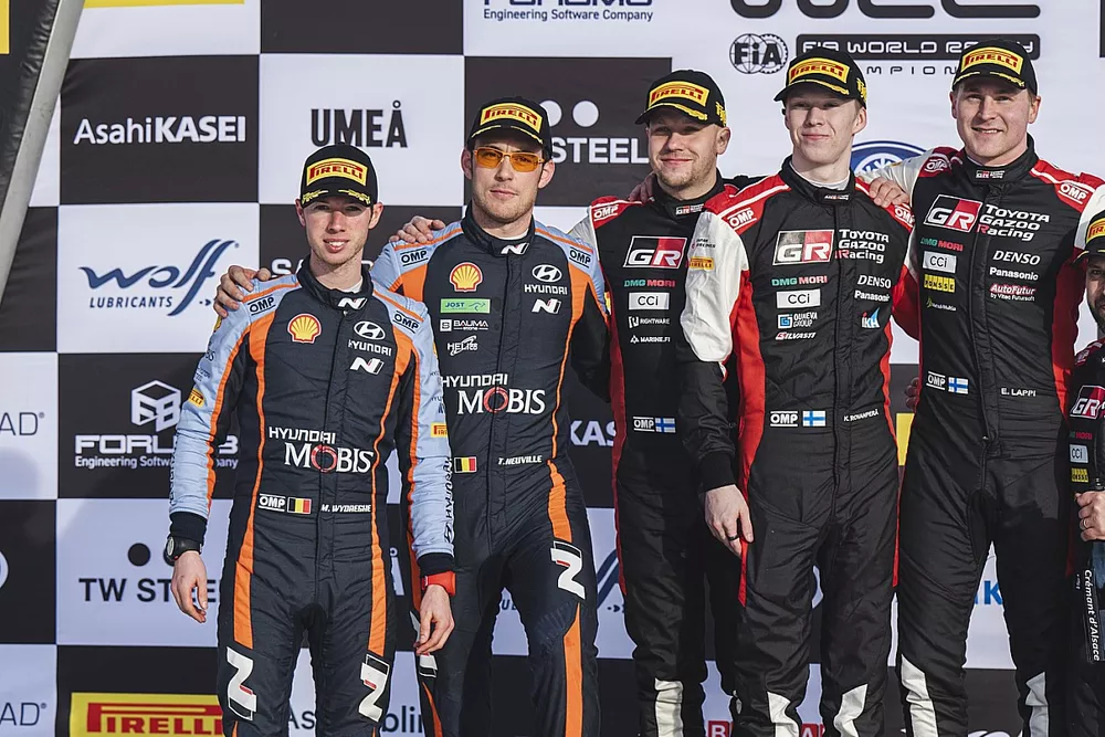 Podium: Winners Kalle Rovanper&auml;, Jonne Halttunen, Toyota Gazoo Racing WRT Toyota GR Yaris Rally1, second place Thierry Neuville, Martijn Wydaeghe, Hyundai World Rally Team Hyundai i20 N Rally1, third place Esapekka Lappi, Janne Ferm, Toyota Gazoo Racing WRT Toyota GR Yaris Rally1