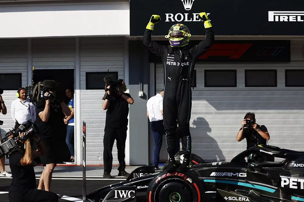 Pole man Lewis Hamilton, Mercedes-AMG, celebrates on aarival in Parc Ferme