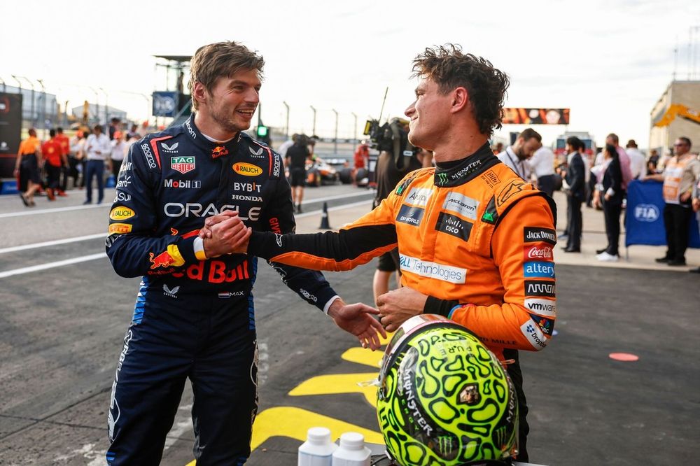 Max Verstappen, Red Bull Racing, congratulates Pole man Lando Norris, McLaren F1 Team, in Parc Ferme 